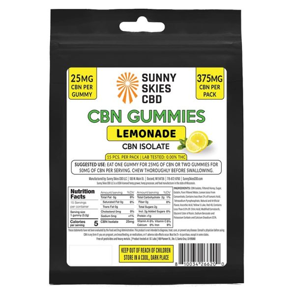 Sunny Skies 25mg CBN Isolate Gummies 0 THC Lemonade Flavor