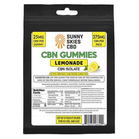 Sunny Skies 25mg CBN Isolate Gummies 0 THC Lemonade Flavor